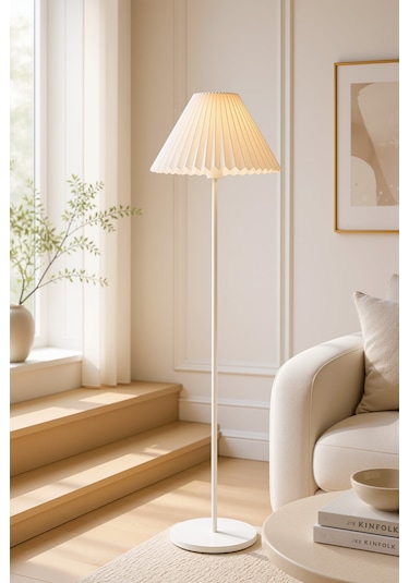 Lora Metal Lambader 150 Cm Tek Ayaklı Umbrella Krem Kırma Kumaş Başlık Abajur Lam04