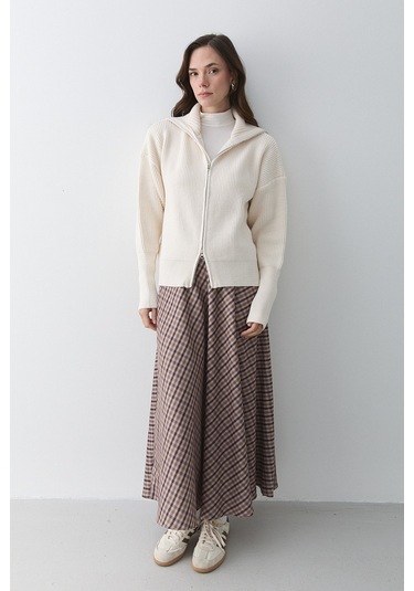 Krem Çift Fermuarlı Hırka - 251080 Krem