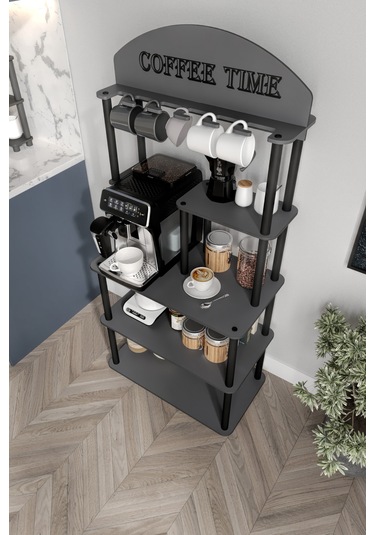 Dekoratif Çok Amaçlı Katlı Antrasit Gri Coffee Tıme Kahve Köşesi 39 Cm X 69 Cm Tüm Kahve Makineleri Gri