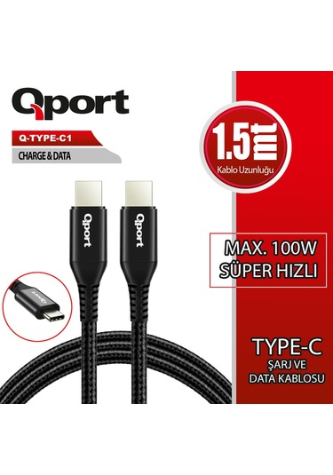 Qport Q-type-c1 1.5 Metre Type-c 100w Pd Şarj Ve Data Kablosu