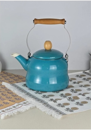 Vintage Ahşap Saplı Emaye Demlik Kettle 2,5lt Turkuaz Kr322-c Turkuaz
