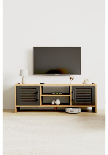 Molde Retro Tv Sehpası Mdf Membran Kapaklı Raflı Tv Ünitesi Televizyon Sehpası Atlantik Çam - Antrasit