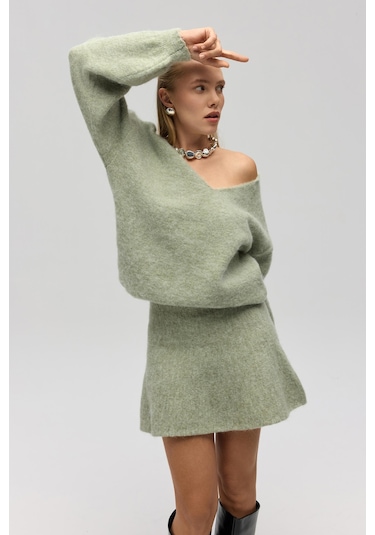 Mai Collection Mai Studios Co. Nordis Volanlı Yeşil Triko Mini Etek Yeşil
