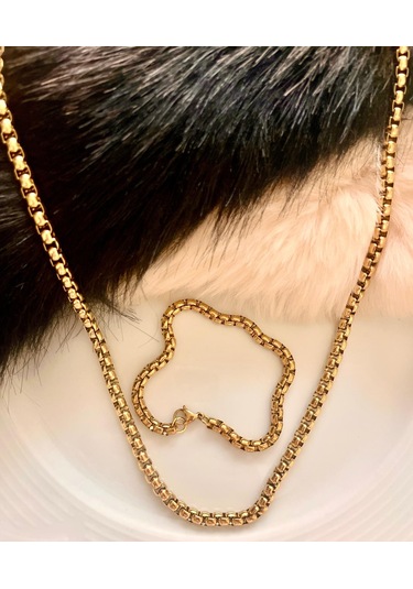 Kalın Zincir Çelik Kararmaz Paslanmaz Gold Kolye Ve Bileklik Set Altın