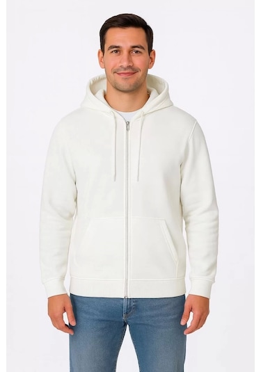 Erkek Üç İplik Kapüşonlu Tam Fermuarlı Kanguru Çepli Sweatshirt Hoodie - Beyaz Beyaz