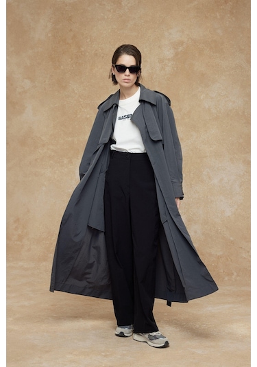 Manuka Teknik Kumaş Oversize Trenckot Antrasit