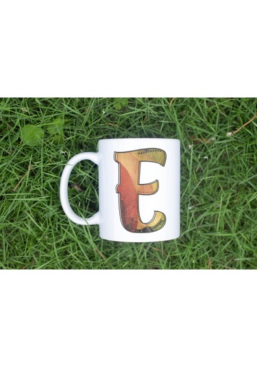 E Harf Yaprak Renkleri İle Kupa Bardak - Kişiye Özel Alfabe Harfli Bardak - Hediye Beyaz