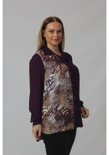 Moda Berray 2320 Leopar Desenli Şifon Gömlek Mürdüm