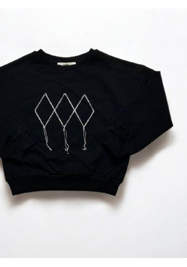 Kız Çocuk Mevsimlik Pamuklu İki İplik Zincirli Sweatshirt-15447 Siyah