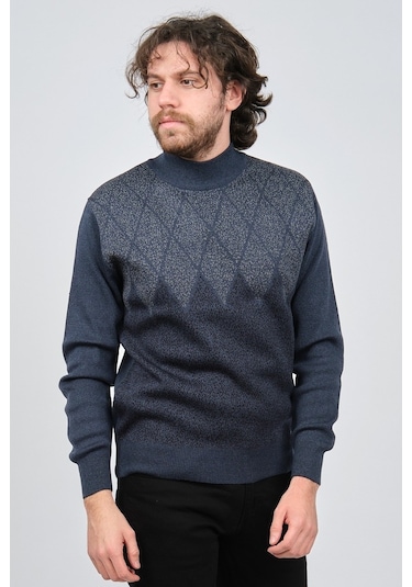 Ateş Triko Erkek Yarım Balıkçı Yaka Desenli Kazak 6091804 Indigo Indigo İndigo