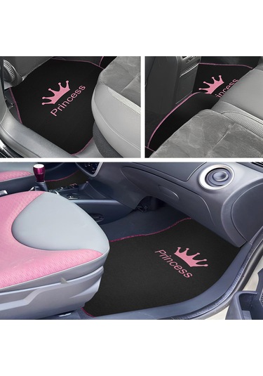Prenses Gibi Arabana Hava Kat Taç Desenli Pembe Nakışlı 5 Li Oto Halı Paspas Seti