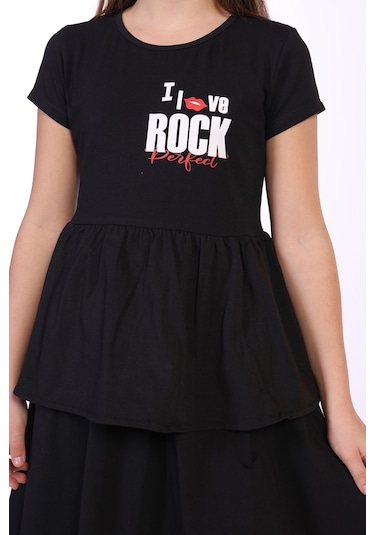 Toontoy Kız Çocuk I Love Rock Baskılı Elbise Siyah