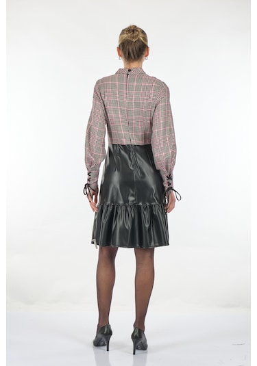 Unique Mode Yarım Balıkçı Kareli Uzun Kollu Siyah Kadın Elbise Uw 001