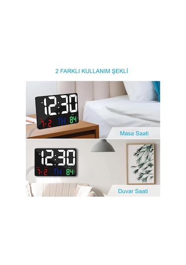Alfalink Dijital Duvar Saati Renkli Uzaktan Kumandalı Hd Led Ekran Tarih Gün Sıcaklık Alarm Usb Dekoratif Siyah