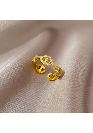 Geometrik Elmas Taşlı Yuvarlak İnci Yüzük No.7 Çok Renkli