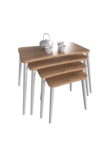 Selen 4lü Zigon Sehpa Ahşap Beyaz Ayaklı Salon Seti Çay Sehpası Çam