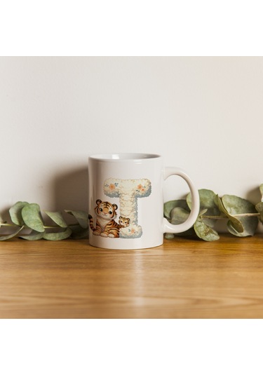 T Harfi Tasarım Bardak, Sevimli Hayvan Temalı Harf Bardağı Beyaz