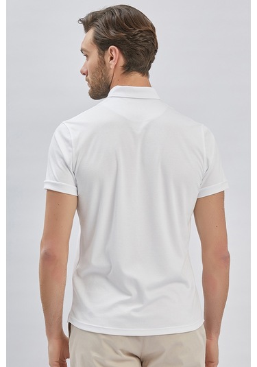 Imza Beyaz Desenli Oxford Polo Yaka Cepli Casual Slim Fit Dar Kesim Tişört 1011240178-Beyaz