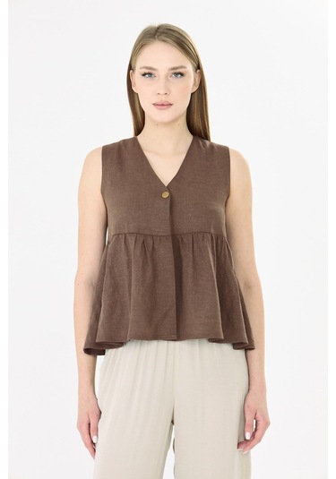 Sortie Collection V Yaka Tek Düğmeli Peplum Kahverengi Keten Bluz
