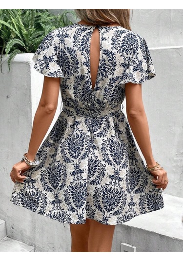 Kadın Kısa Kollu V Yakalı Beli Kuşaklı Desenli Sofya Elbise Mavi