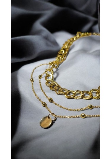 Altın Renk Üç Katlı Zincir Kolye Kalın Choker & İnce Zincir & M Gold