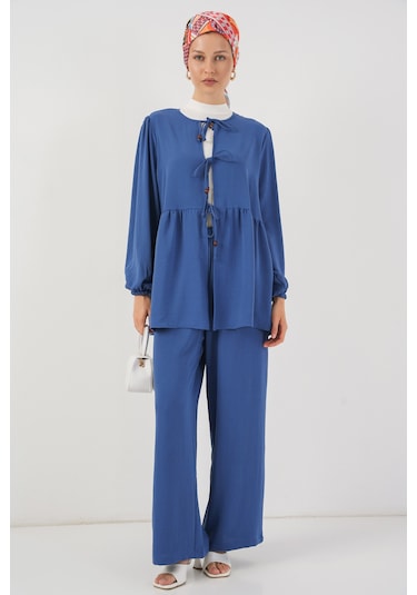 Kadın Önü Bağcıklı Tunik Pantolon İkili Takım 6744 - İndigo İndigo