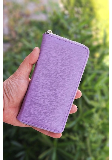 Telefon Bölmeli Lila Renk Kadın Cüzdanı Deri Portföy Kartlık Uzun Cüzdan Lila