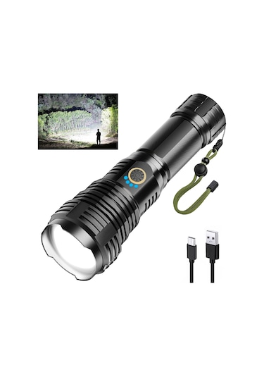Şarj Edilebilir El Fenerleri 90000 Yüksek Lümen, Yüksek Güçlü Led El Feneri, Xhp70.2 Yakınlaştırılab Siyah