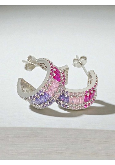 925 Ayar Gümüş Renk Geçişli Baget Taşlı Halka Küpe Çivi Model Gümüş