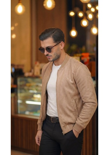 Efnaz Style Erkek Scuba Süet Kumaş Bomber Hırka Taba