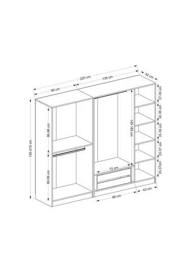 Minar Kale 5 Kapaklı 3 Aynalı 2 Çekmeceli Dolap Antrasit 210cm Antrasit