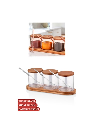 Flosoft Doğal Ahşap Kapaklı Kaşıklı 3’lü Mika Baharatlık, Ahşap Stantlı Sosluk Reçellik Baharatlık Seti Diğer