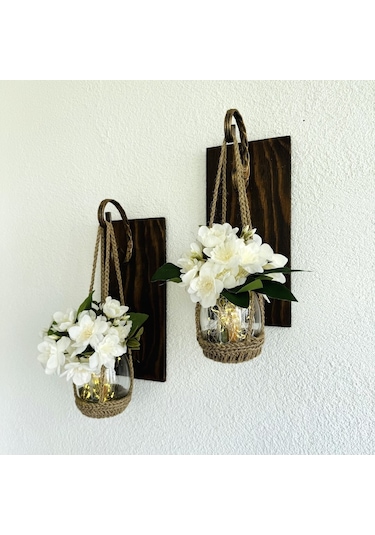 Duvar Dekoru, Led Işıklı, Beyaz Yasemin Çiçekli, Ceviz Aplik İkili Set