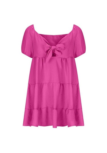 Yaz Kadın Elbisesi Moda Peplum Bağlamalı V Yaka Kısa Kollu Elbiseler Gül Kırmızısı