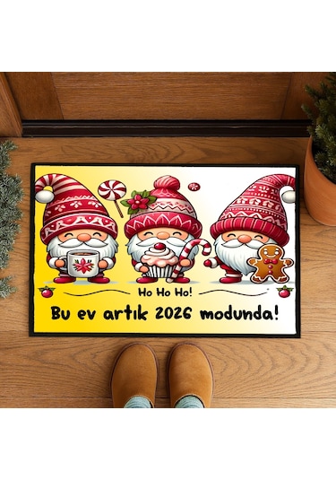 Noel Cüceleri Yılbaşı Tasarımlı Kapı Önü Paspası 60x40 Cm Paspas Çok Renkli