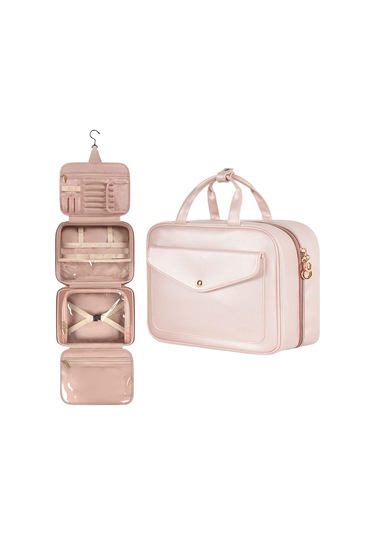 Sones Pu Büyük Kapasiteli Su Geçirmez Taşınabilir Tuvalet Kozmetik Çantası Seyahat Saklama Çantası Pembe