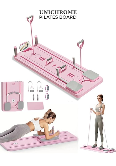 Pilates Aleti Zamanlayıcılı, Direnç Bantlı Çok Amaçlı Egzersiz Tahtası Telefon Tutacaklı Açık Pembe