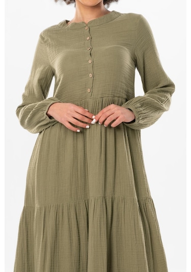 Uzun Kol Akay Uzun Düğme Detay Yazlık Müslin Elbise Haki Hk-haki Haki