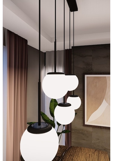 Dora Modern Sıralı Avize - Siyah Metal, Beyaz Cam, 5'li Sarkıt, E 1 Adet