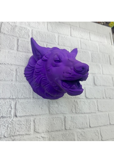 Mor Renk 3d Kurt Başı Duvar Dekoru Asılabilir Maskot Heykel 25x19