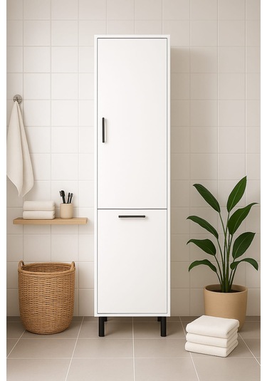 Çamaşır Sepetli Banyo Dolabı Beyaz