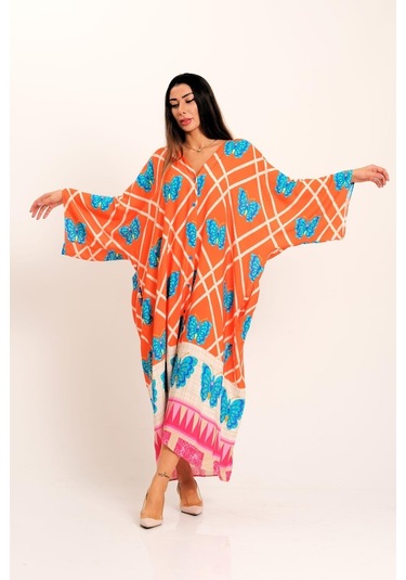 Kadın Turuncu Kelebek Desenli V Yaka Yarasa Kol Cepli Oversize Uzun Gömlek Elbise - Turuncu