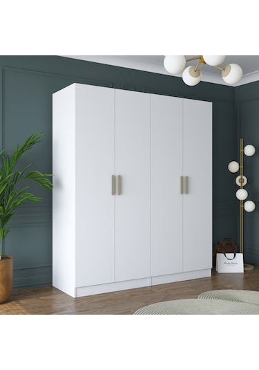 Rani Ba156 Geniş Gardırop Elbise Dolabı 4 Kapaklı 5 Raflı 2 Askılı Modüler Dolap Beyaz
