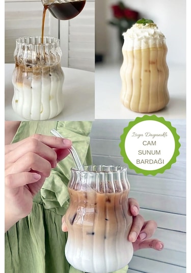 2 Adet Cam Pipetli Çizgili Model Soğuk-sıcak Kahve Bardağı