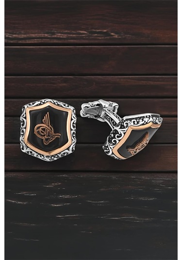 Gümüş Siyah Onix Taşlı Osmanlı Tuğralı Kol Düğmesi -5711 Gümüş