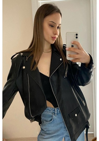 Prifaldi Oversize Uzun Kadın Deri Ceket Siyah