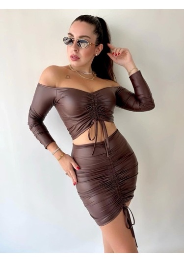 Kadın Büzgülü Deri Etek Takım Fırsat Ürün Kahve