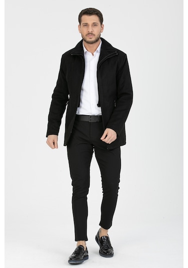 Erkek Siyah Yün Karışım Çift Yaka Kürklü Önü Fermuarlı Kaşe Kaban Siyah