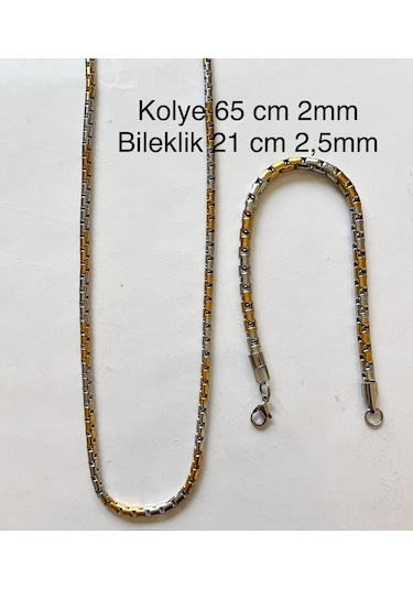 Gold&gümüş Mixli 1.sınıf Örme Çelik Unisex Kolye Ve Bileklik Set