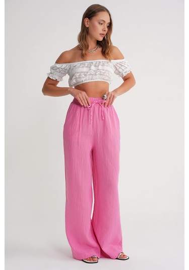 4286 Kadın Bol Paça Beli Lastikli Müslin Palazzo Pantolon Pembe Pembe